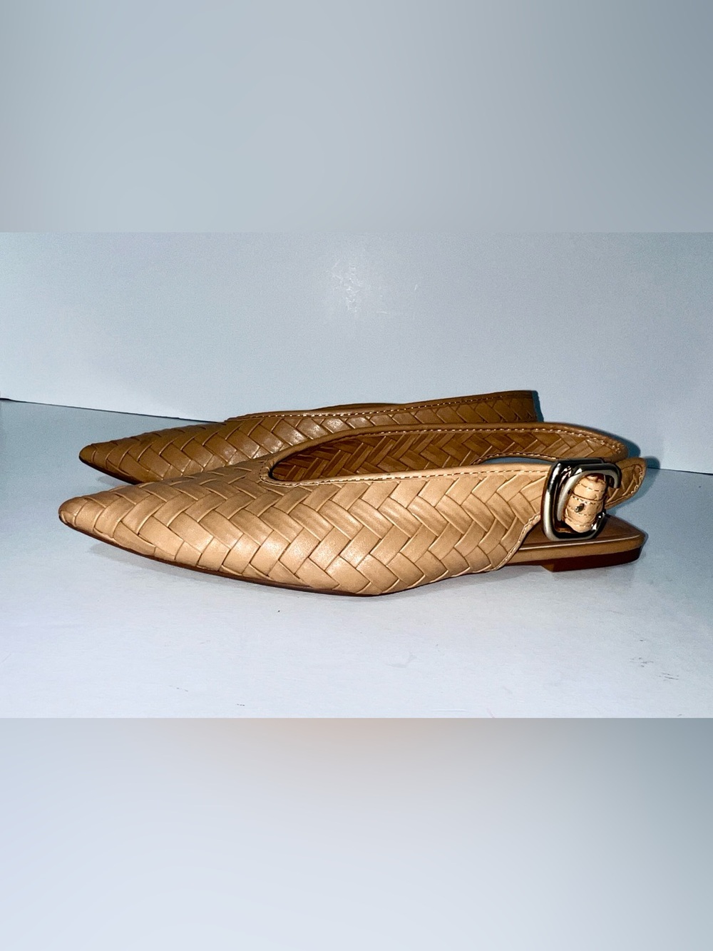 ZARA Woven Leather Pointed Toe Slingback Flats Buckle Nude Tan Sz 38 - Picture 2 of 12